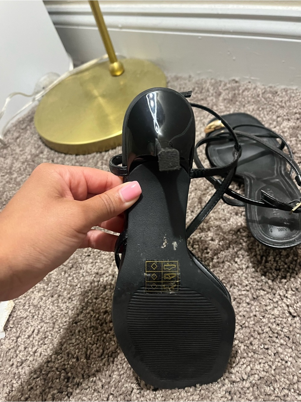 Black Strappy Heeled Sandals with Gold Accent - Picture 8 of 9